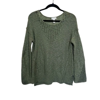 Suéter Tejido Texturizado Cuello en V Verde Oliva Inclinación Completa, Grunge Medio Foto 1 de 4