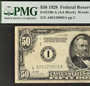 1928 $50 FRN Boston PMG 20 - Redeemable in Gold - Fancy Serial Number 00120003 - Picture 1 of 3