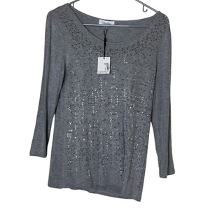Calvin Klein NWT Gray Embellished 3/4 Sleeve Top Scoop Neck Size XS Sparkle - Picture 1 of 4