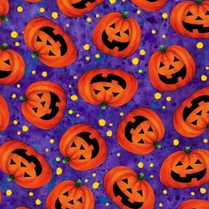 Fabric Halloween Pumpkin Orange on Purple Cotton QUILT TREASURES 1/4 Yd 28344V - Picture 1 of 6