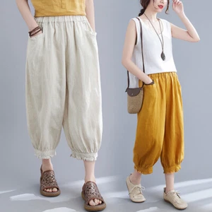 Womens Linen Blend Capri Crop Pants Ethnic Loose Baggy Ruched 3/4 Trousers - Picture 1 of 15