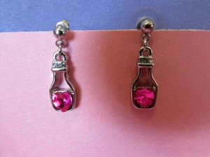 VINTAGE silvertone pink "bottle" rhinestone dangle pierced earrings - about 1" - Picture 1 of 4