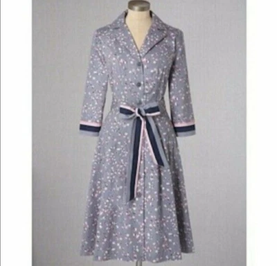 BODEN Riviera Gray Floral Print Cotton Poplin Belted Shirt Dress 10L US - 14L UK - Image 1 of 4