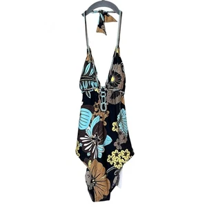 SHAN NEW Rococo Halter Boho Retro Floral One Piece Beaded Swimsuit Brown Blue 6 - Picture 1 of 10