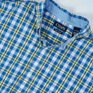 Chaps Shirt Mens XL Blue Yellow Plaid Short Sleeve Easy Care Button Front Pocket - Picture 1 of 12
