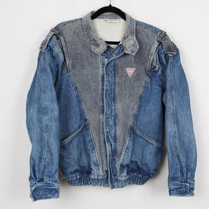 Vintage 90s Guess Patch Denim Jean Jacket Stretchy Waist Western Cowboy Medium - Picture 1 of 9