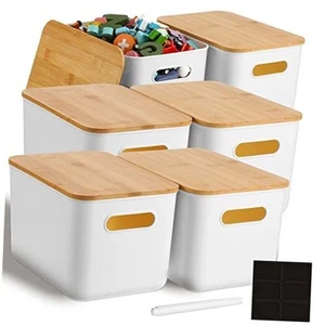  6 Pcs Storage Bins with Bamboo Lids Plastic Storage Containers White Classic - Picture 1 of 7