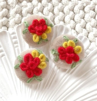 2pcs 28mm Red flower plants embroidered velvet  fabric covered shank buttons  - Image 1 of 4