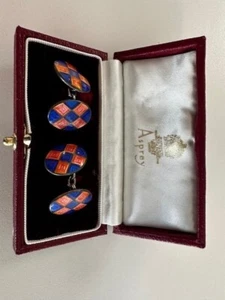 Asprey silver and enamel blue and red Harlequin cufflinks in original box - Picture 1 of 8