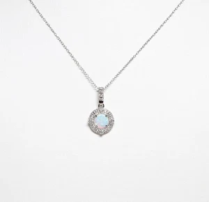 Sterling Silver Opal & Diamond Pendant w/18" Sterling Silver Chain - Picture 1 of 8