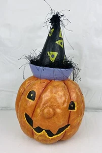 Vintage Halloween Pumpkin Jack-O-Lantern w/ Hat 13” Statue Figurine Folk Art - Picture 1 of 9