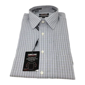 Kirkland Mens Cotton Long Sleeve Tailored Fit Shirt Blue Gray Plaid Casual Dress - Picture 1 of 3