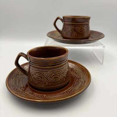 Saxony Ellgreave Retro Glazed Cups & Saucers x 2 Vintage 1960s Glazed Tea Set - Image 1 of 4