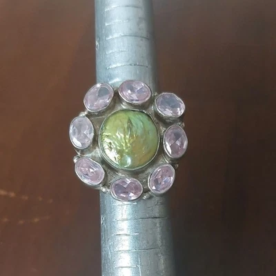 Anillo de cóctel estampado 925 sirena verde moneda de agua dulce perlas cristales rosas Foto 1 de 4
