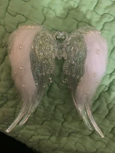 Acrylic Iridescent Angel Wings Ornament Fuzzy Accents With Beads - Picture 1 of 2