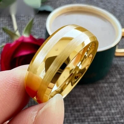 8MM Men Women Tungsten Carbide Ring Band Beveled Polished  Brushed Finish Ring - Image 1 of 4