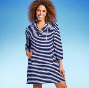 NWT~ Lands' End sz M 10-12 V-neck Terry Hooded Swimsuit Cover up Striped Dress - Picture 1 of 7