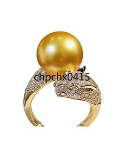 AAA+12mm natural South Sea gold round shell pearl leopard head open ring