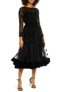 Vestido de Cóctel Mac Duggal Negro Ajuste y Acampanado Terciopelo Adornado Talla 10 $498 - Imagen 1 de 3