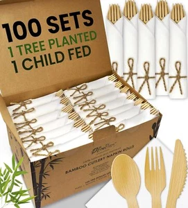Premium Pre-Rolled Napkin and Bamboo Cutlery Set (100 Pack, 400 PCS) 100% Bio... - Picture 1 of 1