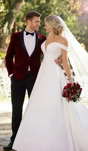 Elegante Chaqueta de Terciopelo Granate para Hombres Traje Novios Boda Fiesta Ropa Cena Abrigo Pantalones - Imagen 1 de 8