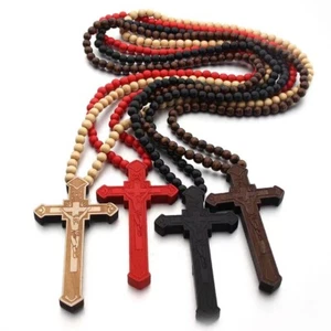 Men Large Wooden Jesus Cross Pedant Necklace Christian Jewelry Ball Chain 35" - Picture 1 of 5