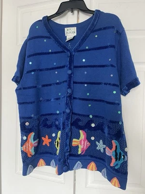 The Quacker Factory sweater Size 1X Blue With Fish Ocean - Image 1 of 4
