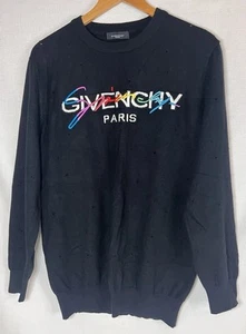 Givenchy Paris Knit Sweater Men’s Sz Large? Black Rainbow Embroidered Logo Holes - Picture 1 of 10