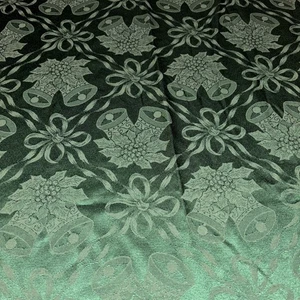 Vintage Christmas Tablecloth Green Damask Bells Bows Holly Ribbons 58 X 98 - Picture 1 of 13