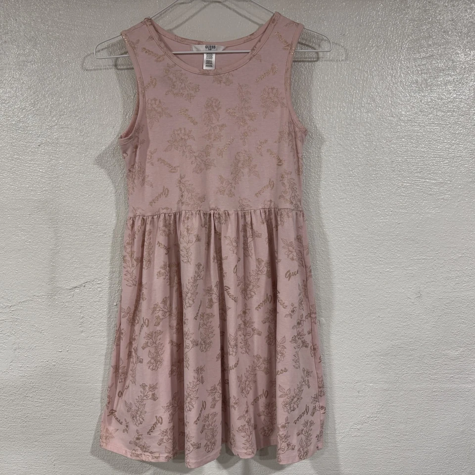 Guess Kids 连衣裙女孩 14 码粉色花卉无袖滑板标志春季闪光 — 第 1/4 张图片