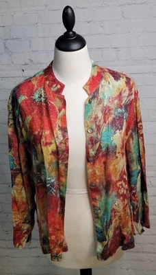 Top para mujer Chico's de lino floral colorido con botones cuello mandarín talla 1 EE. UU. M Foto 1 de 4