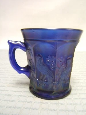 Northwood "Singing Birds" Mug Iridized Cobalt Blue Glass 3-1/2" tall VGC - Image 1 of 4