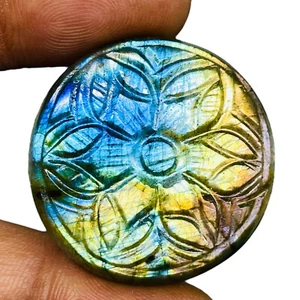 60.15 Cts Natural Carved Labradorit​e 32mm Round Flashy Pendant Size Gemstone - Picture 1 of 9