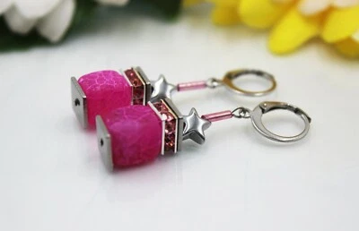 Würfelohrringe Ohrhänger Würfel Perlen Achat Pink Strass Edelstahl #LA063 - Bild 1 von 4