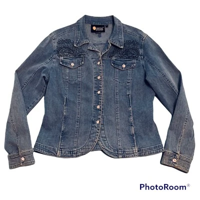 Chaqueta Corta Christine Alexander Azul Denim Embellecida Negra Cuentas Wm Talla M Foto 1 de 4