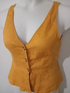 H&M Women's XSmall Linen Mustard Yellow Button Up Tank Top Sleeveless V-Neck - Picture 1 of 10