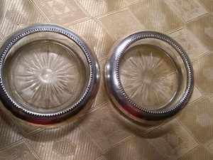 Pair Frank M. Whiting Sterling Silver & Pressed Glass Wine Bottle Coasters c1940 - Picture 1 of 5