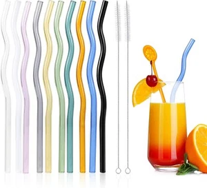 10 Pcs Reusable Wavy Colorful Glass Straws,9''x8 mm Shatter Resistant Cute Drink - Picture 1 of 6