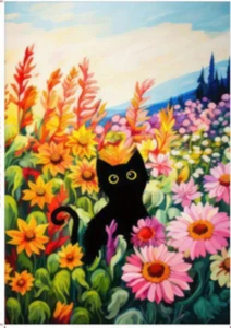 Black Cat In Flowers Canvas Wall Art Print - Unframed - 8 1/2 x 12- Ships Free - Picture 1 of 2
