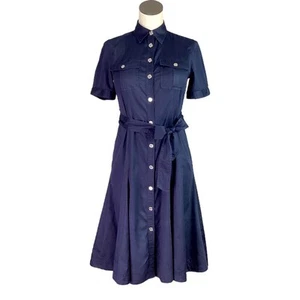 Lauren Ralph Lauren Shirt Dress Women 4 Blue Button Tie Short Sleeve Midi Pocket - Picture 1 of 8