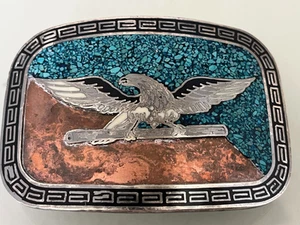 Vintage Belt Buckle Turquoise Copper and Silver With A Flying Eagle Marked Taxco - Picture 1 of 8