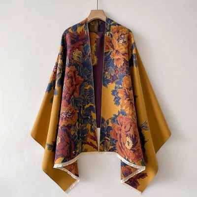 Reversible Floral Shawl Wrap Poncho Blanket Scarf Fall Winter Tassel Fringe - Image 1 of 3