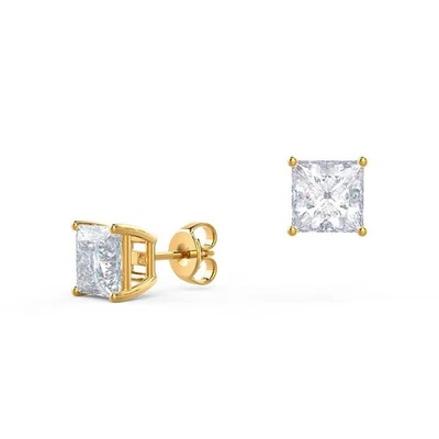Gold Diamond Earring Princess Cut 1 Carat Lab Grown Solid 14K Yellow Womens Stud - Image 1 of 4