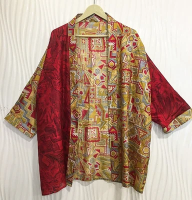 Jaqueta cardigã curta de seda pura quimono espanador capa roupão solto vermelho-verde KMS3769 - Imagem 1 de 4