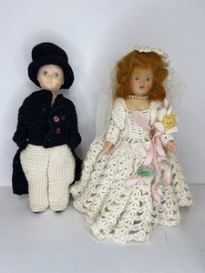 Vintage 1940er Zelluloid Braut Braut & Bräutigam handgehäkelt Schlafaugen Puppen - Bild 1 von 8