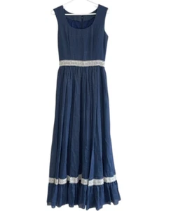 Maxi Dress Vintage Small Blue Polka Dots Lace Pleated Prairie Cottage Boho - Picture 1 of 5