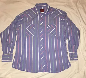 RUSTLER Long Sleeve Western Shirt Sz XL X-Long Tails Blue Polycotton Stripes - Picture 1 of 10