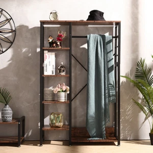 Large Industrial Open Wardrobe Clothes Rail Rack Wood Metal Frame Shelf Bedroom - Picture 1 of 9