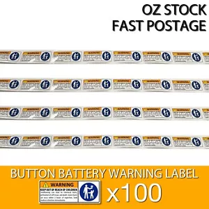100 x Button Battery Keep Out Of Reach Sticker Warning Label 55mm x 20mm - Picture 1 of 2