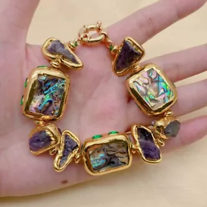 8 Zoll Regenbogenfarbe Abalone Schale Kristallpflaster lila Amethyst grobes Armband - Bild 1 von 5